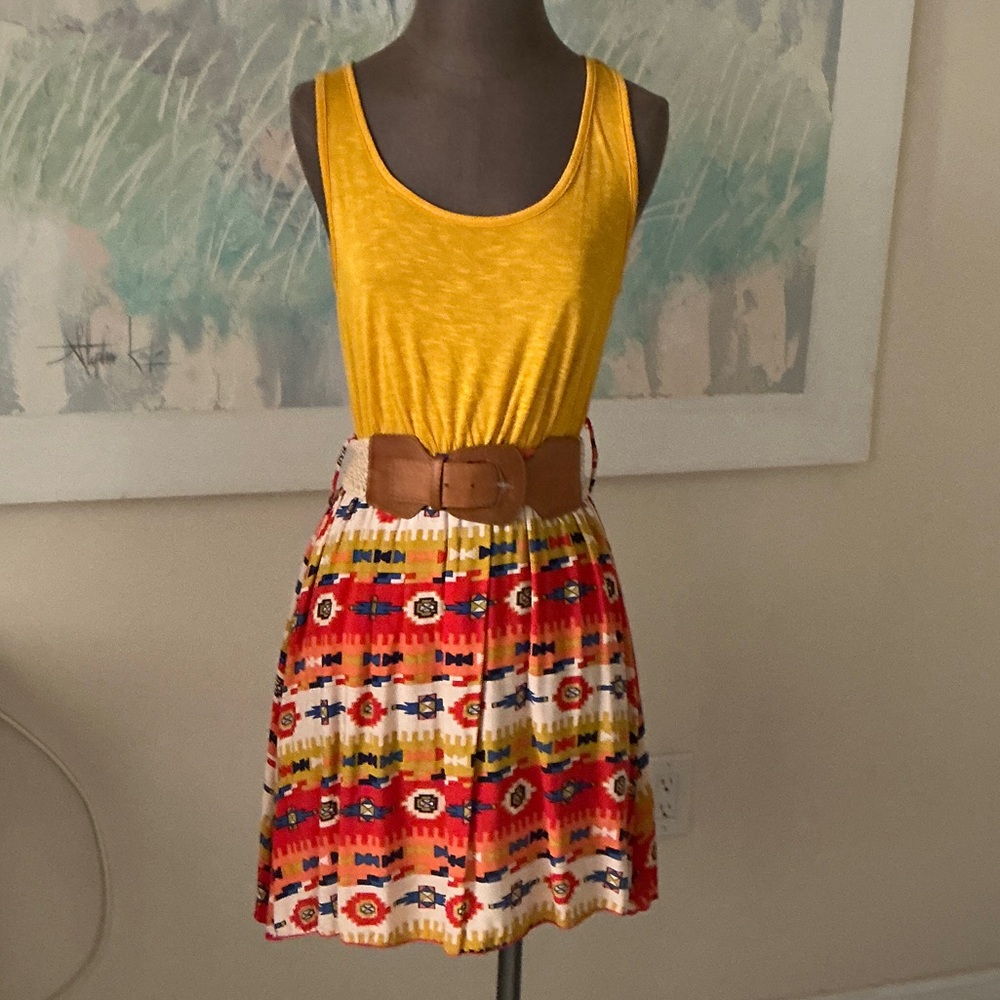 Yellow & brightly printed dress with belt